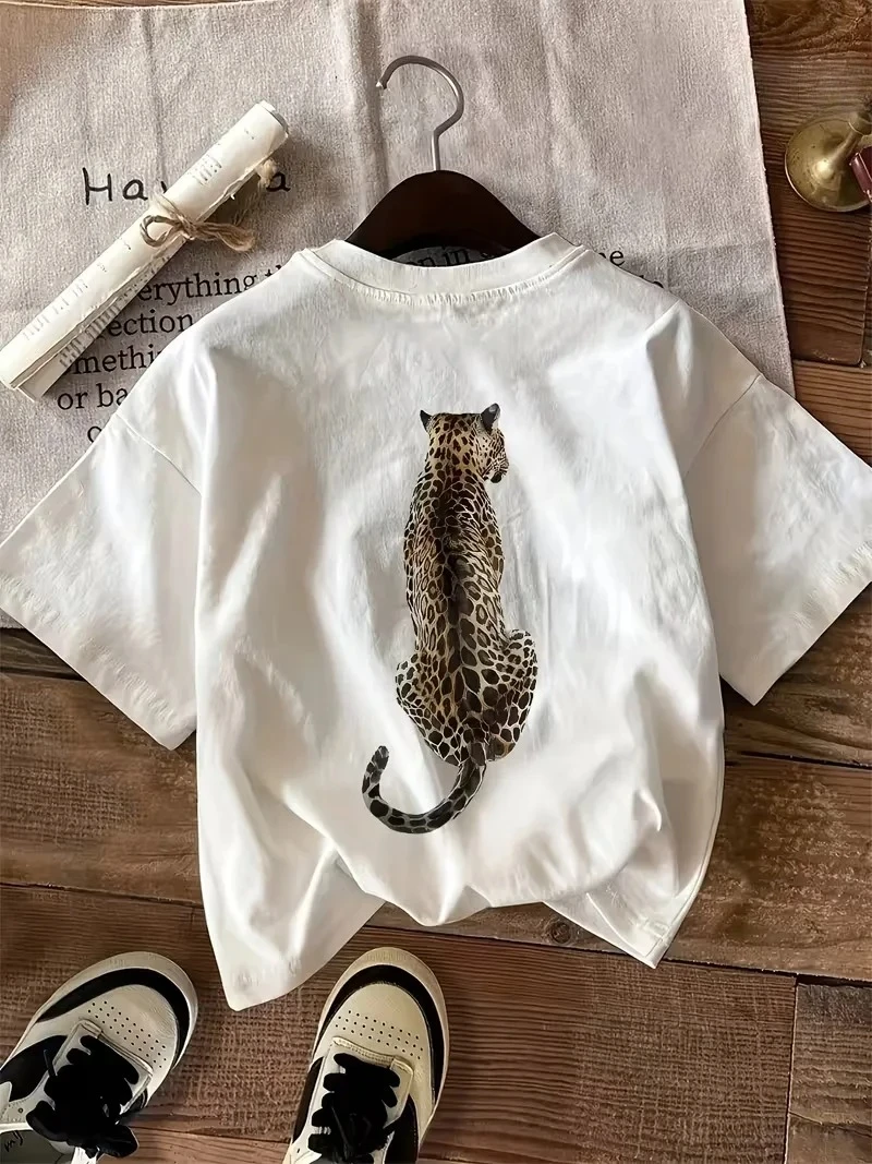 Leopard Print Round Neck Short Sleeve T Shirt Casual Sports Style
