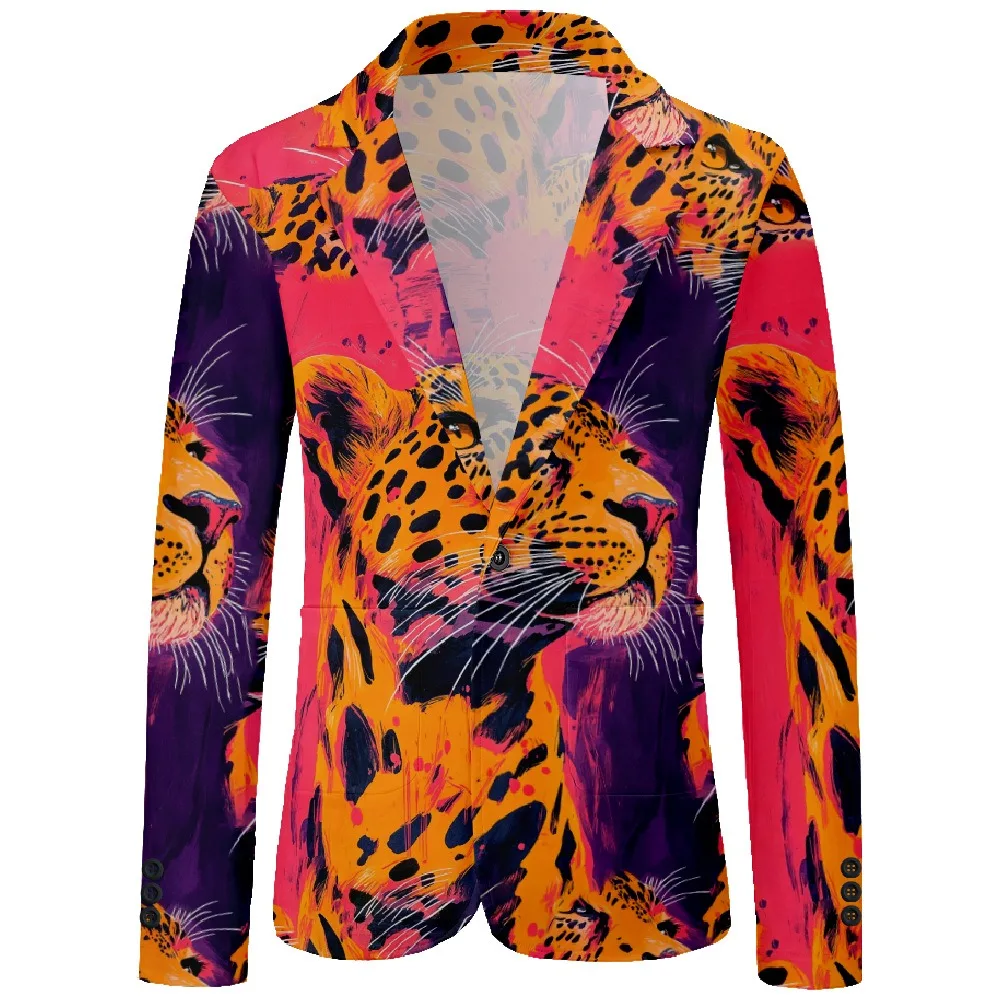 Mens Blazer Animal Cheetah Print One Button Vintage Casual Coat - Image 2