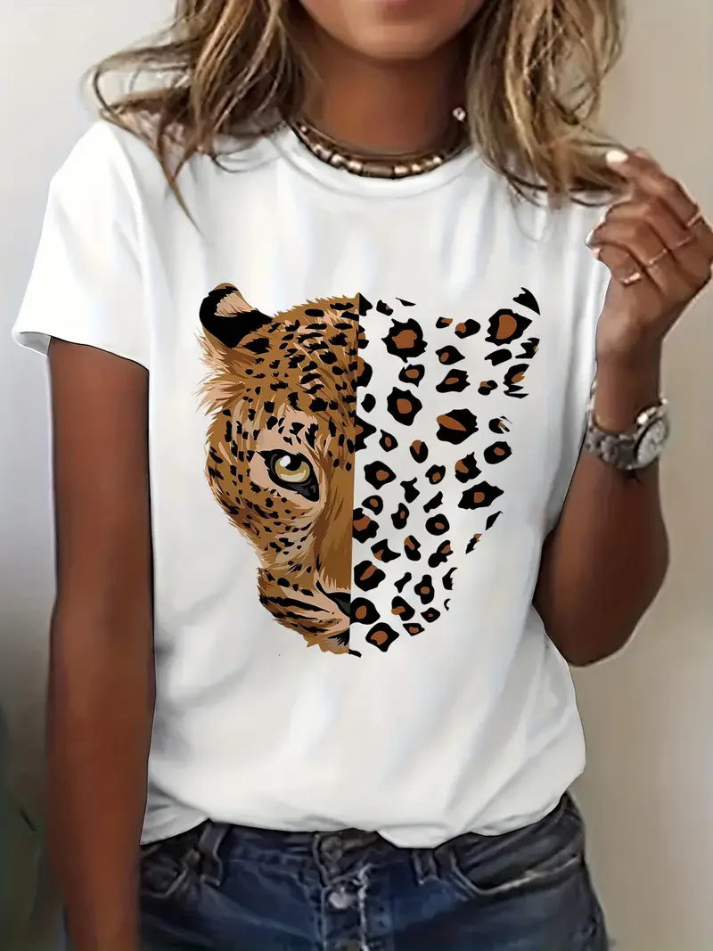 Leopard Tiger Animal Print Short Sleeve Printed T Shirt Clothing